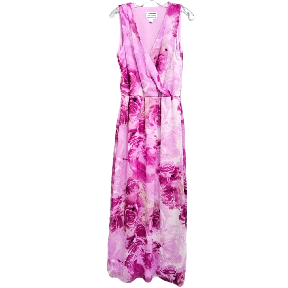 Vintage Karin Stevens Lavender/Fushia /Creme Garden Roses Sleeveless Maxidress